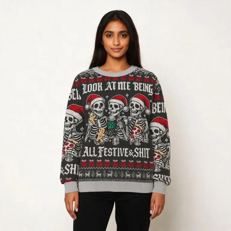 Look At Me Being Festive Skeleton Christmas Ugly Sweater Holiday Wear UGLY926