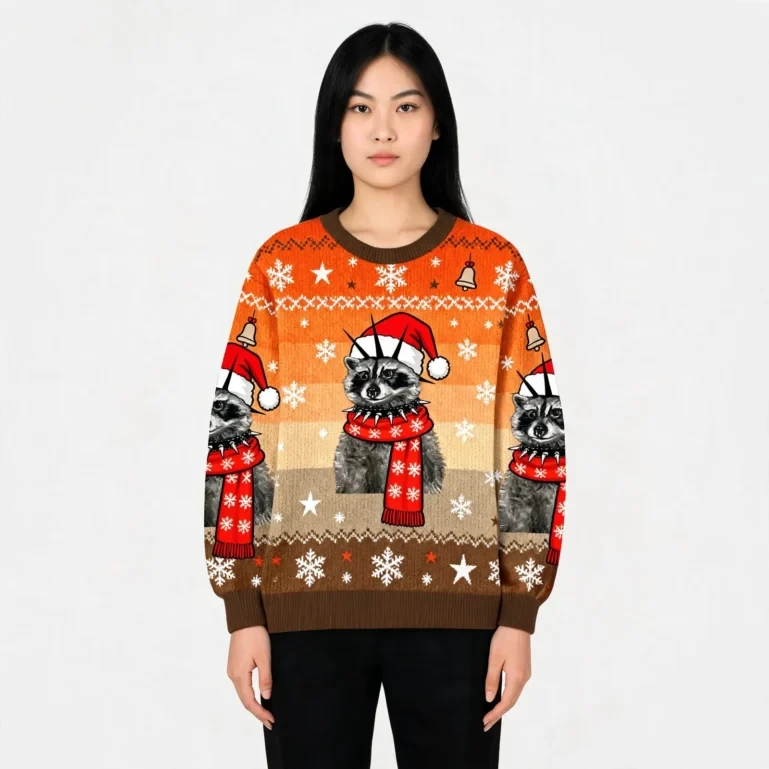 Punk Raccoon With Mohawk And Spiked Collar Christmas Ugly Sweater UGLY926