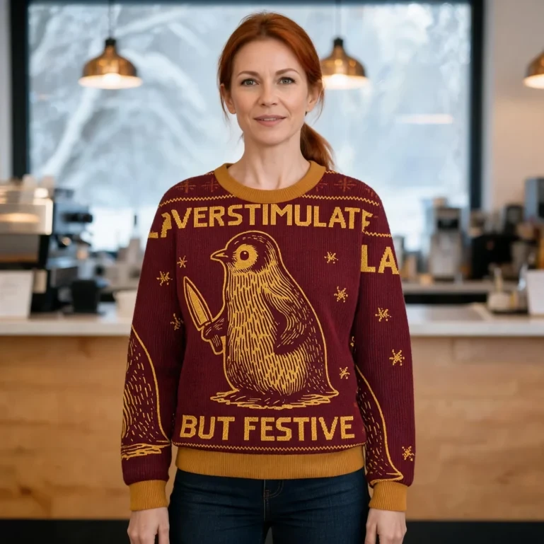Penguin Overstimulated But Festive Christmas Ugly Apparel Christmas UGLY926