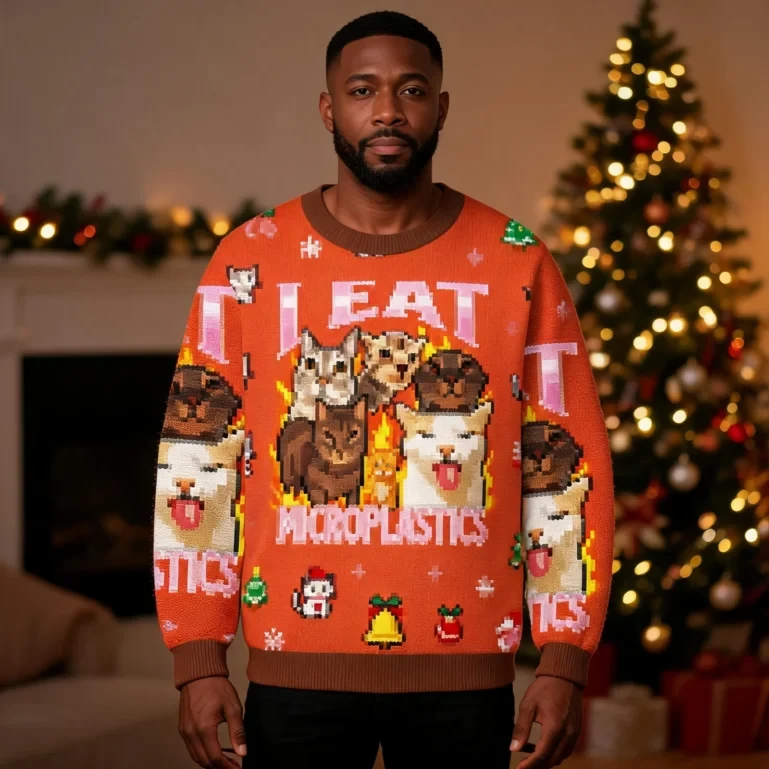 I Eat Microplastics Funny Cat Meme Christmas Ugly Sweater Xmas Wear UGLY926