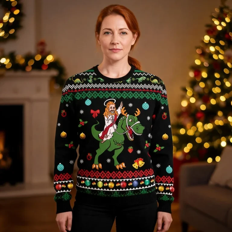 Jesus Riding Dinosaur Ugly Christmas Sweater Funny Secret Santa Gift UGLY926