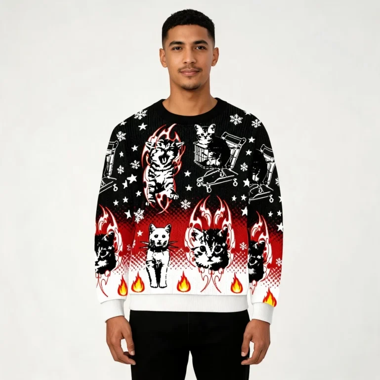Punk Kittens With Flame Designs And Shopping Ugly Christmas Sweater UGLY926