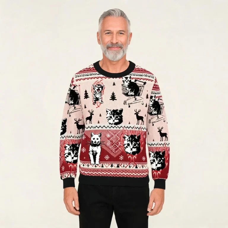 Punk Kittens With Flame Designs And Shopping Cart Christmas Ugly UGLY926