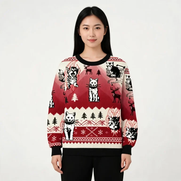 Punk Kittens With Flame Designs And Shopping Cart Motif Christmas UGLY926