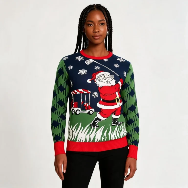 Golfing Santa Claus Snowflakes Knitted Ugly Christmas Sweater Ugly UGLY926