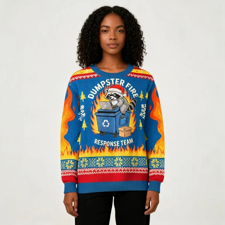 Dumpster Fire Response Team Raccoon Christmas Ugly Sweater Holiday UGLY926