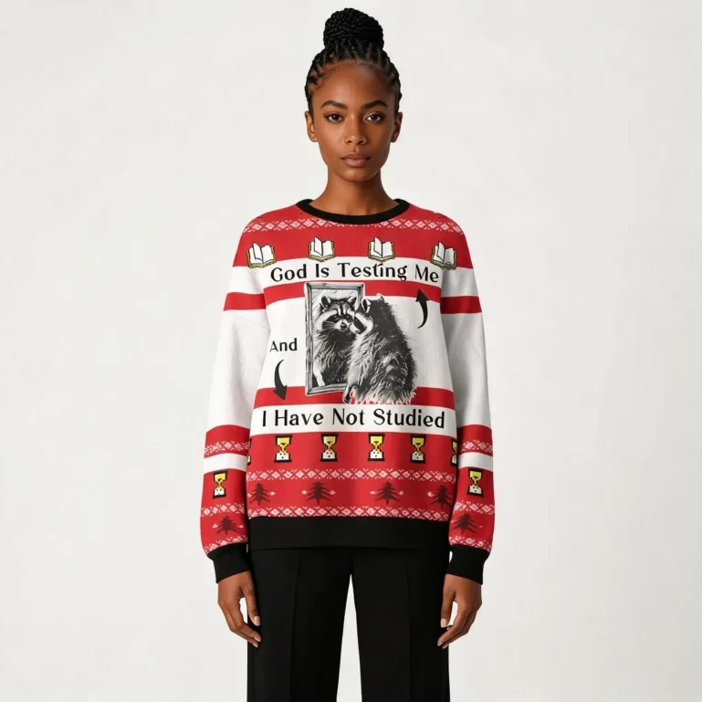 Raccoon God Is Testing Me Ugly Christmas Sweater Animal Sweater UGLY926