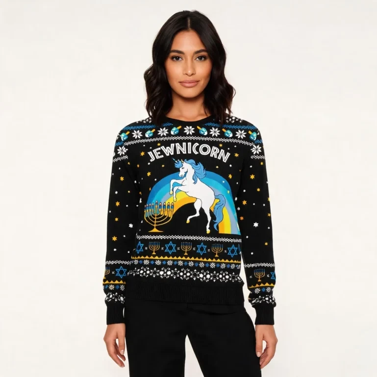 Hilarious Jewnicorn Ugly Hanukkah Sweater Black Perfect Winter Merch UGLY926