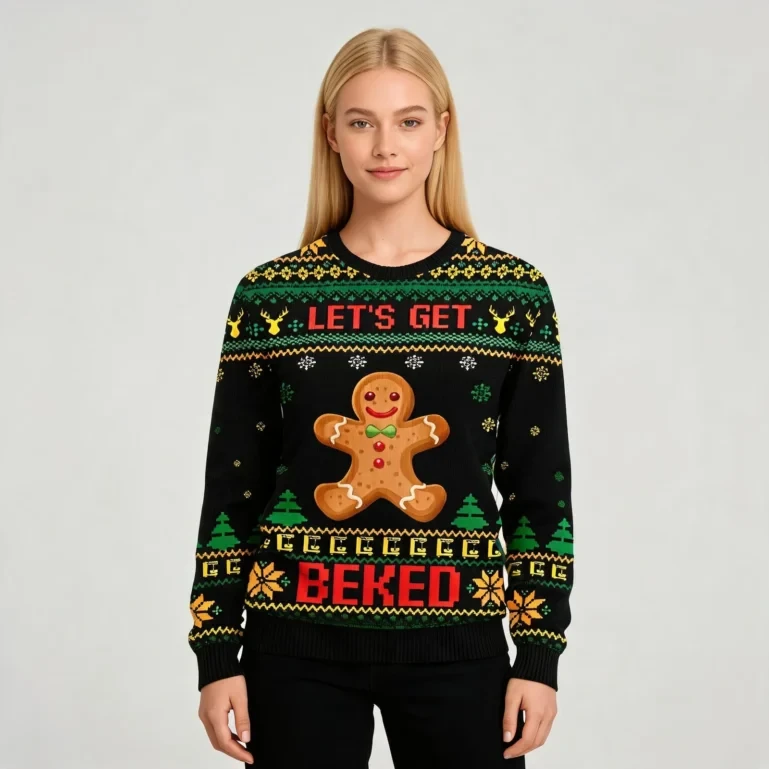 Let's Get Baked Ugly Christmas Sweater Gingerbread Design Christmas UGLY926