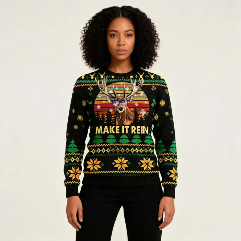 Make It Rein Ugly Christmas Sweater Animal Themed Reindeer Lover Xmas UGLY926