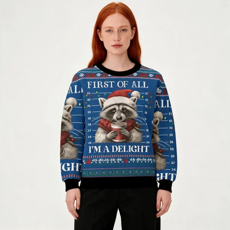 Funny Raccoon First Of All Christmas Ugly Sweater Xmas Wear Raccoon UGLY926