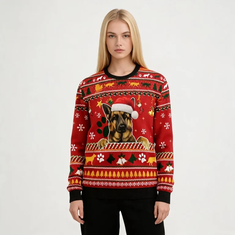 German Shepherd Waiting On Christmas Ugly Xmas Sweaters Gift For UGLY926