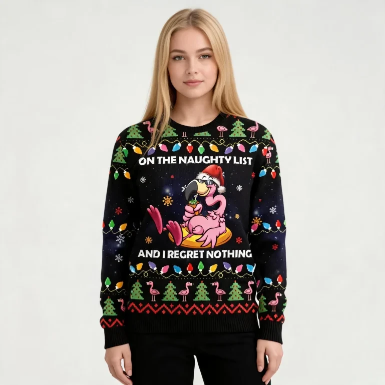 Flamingo On The Naughty List Ugly Christmas Sweater Funny Xmas UGLY926
