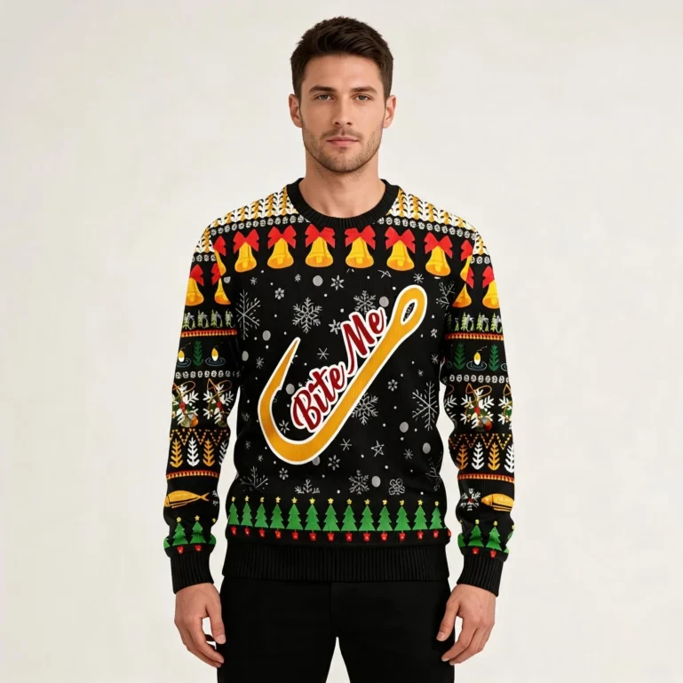 Fishing Bite Me Ugly Christmas Sweater Cool Xmas Apparel Fishing UGLY926
