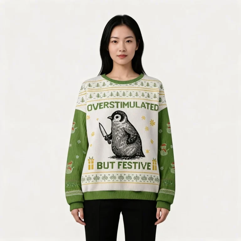 Penguin Overstimulated But Festive Christmas Ugly Sweater Xmas Wear UGLY926