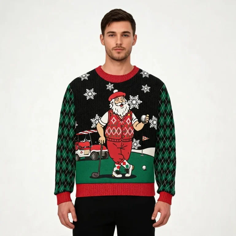 Golfing Santa Claus Ugly Christmas Sweater Sport Themed Golf Player UGLY926