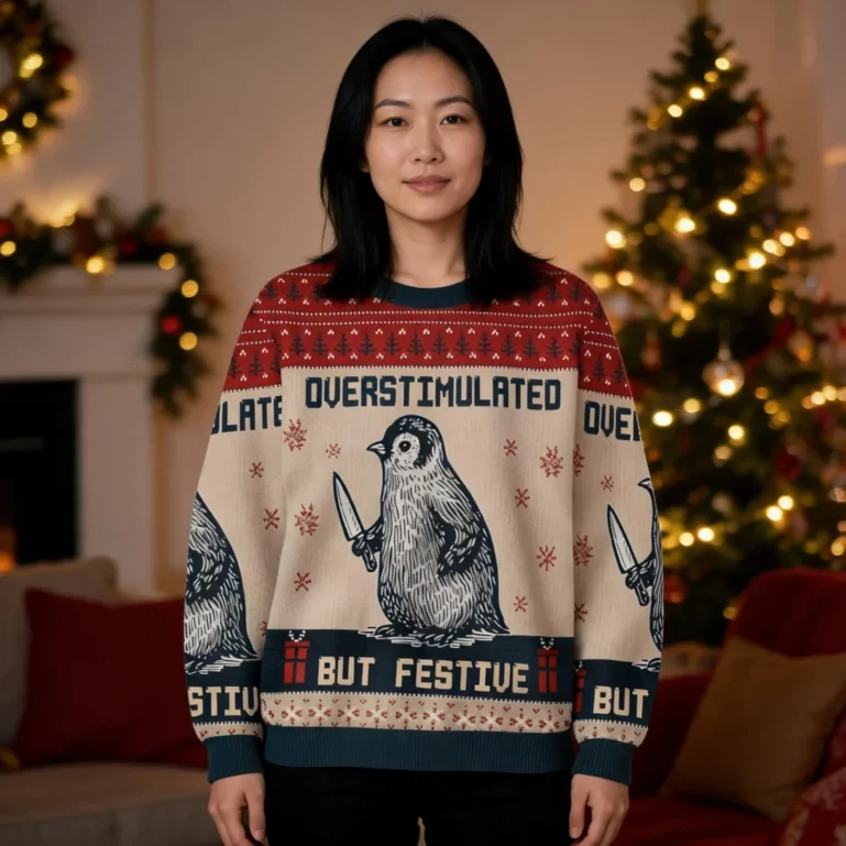 Penguin Overstimulated But Festive Christmas Ugly Sweater Xmas UGLY926