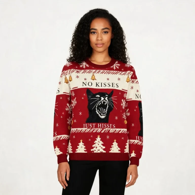 No Kisses Just Hisses Angry Black Cat Christmas Ugly Sweater Xmas UGLY926