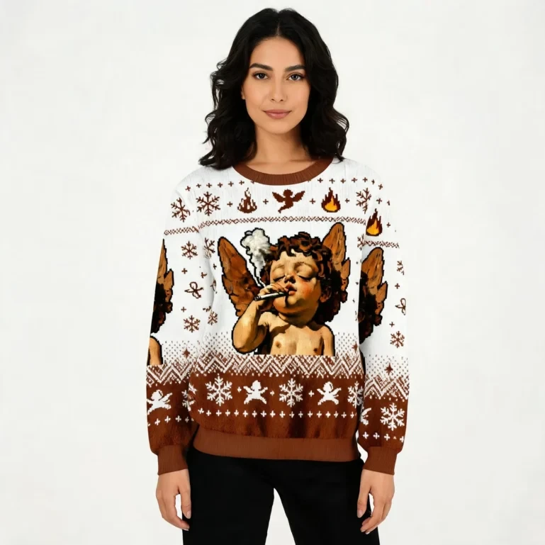 Funny Cherub Smoking A Cigarette Ugly Sweater Festive Outfits Unique UGLY926
