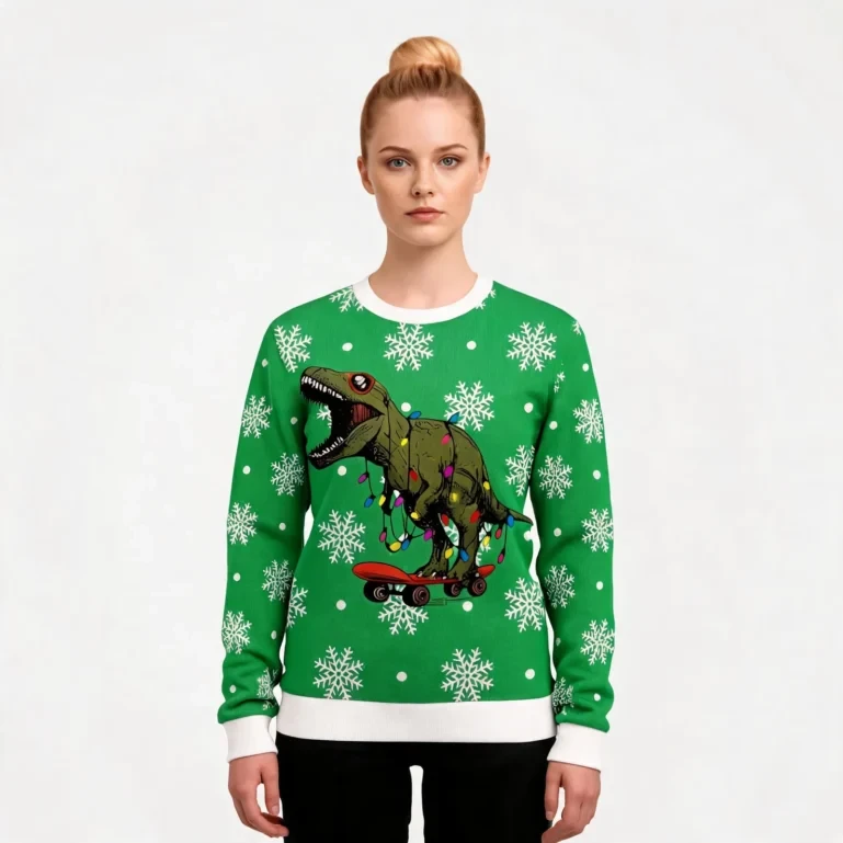 Dinosaur On Skateboard Ugly Christmas Sweater Christmas Clothing Gift UGLY926
