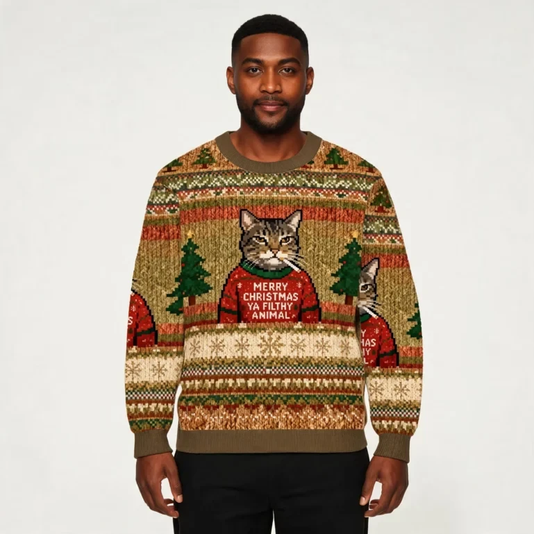 Funny Christmas Smoking Cat Christmas Ugly Sweater Xmas Outfits UGLY926