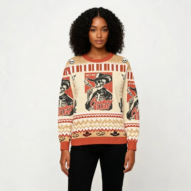 Western Smoking Skeleton Ugly Sweater Holiday Apparel Xmas Gift UGLY926