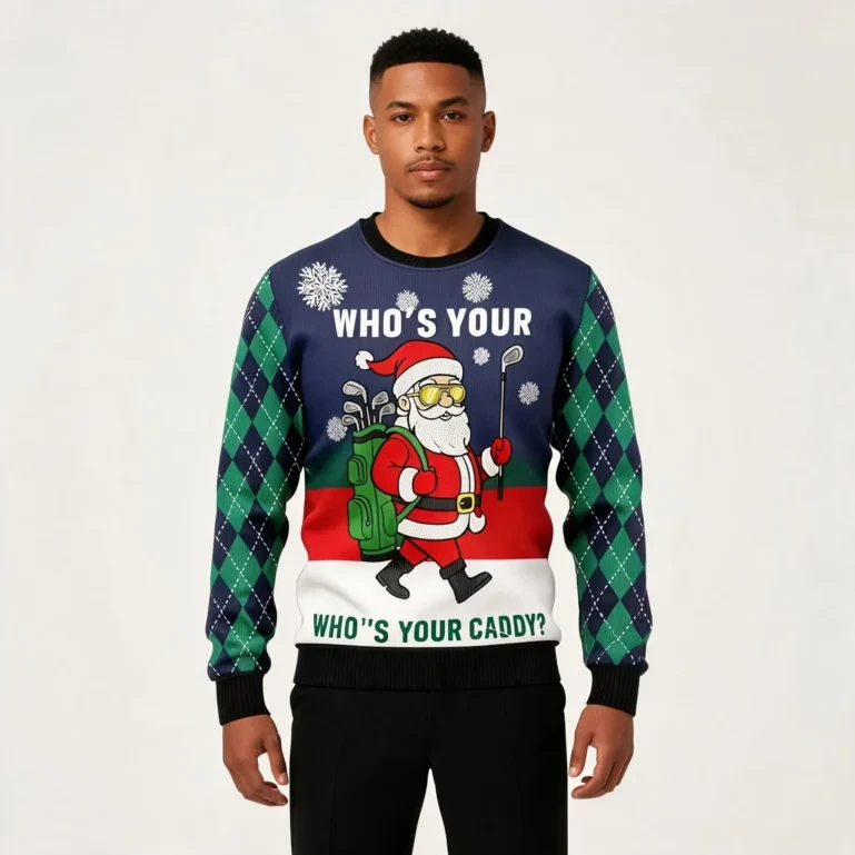 Who's Your Caddy Golfing Santa Ugly Sweater Christmas Golf Themed UGLY926