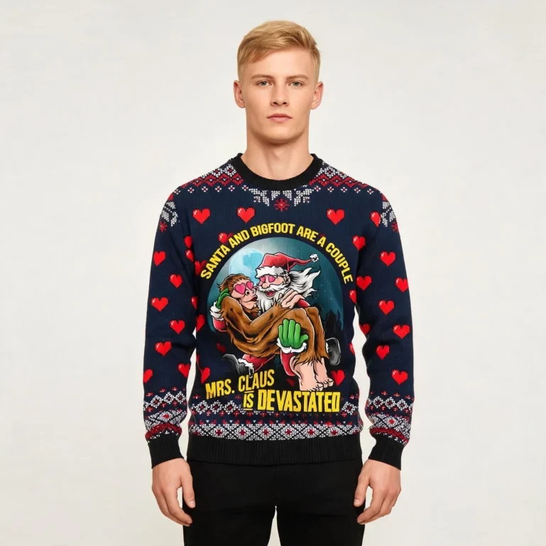Santa And Bigfoot Are A Couple Ugly Christmas Sweater Funny Ugly Xmas UGLY926