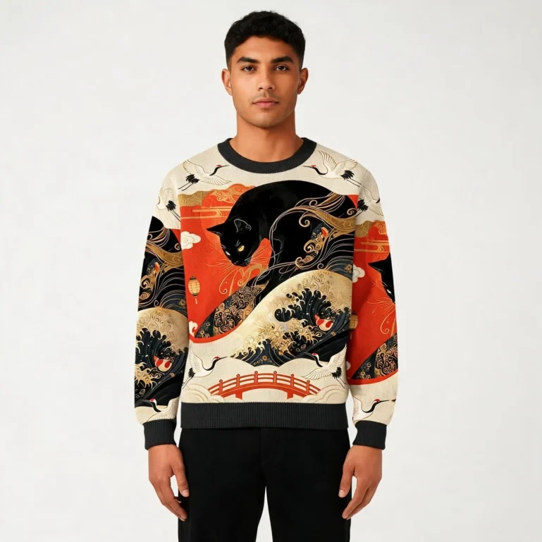Ukiyo E Black Cat Ugly Christmas Sweater Vinatge Style Winter Apparel UGLY926