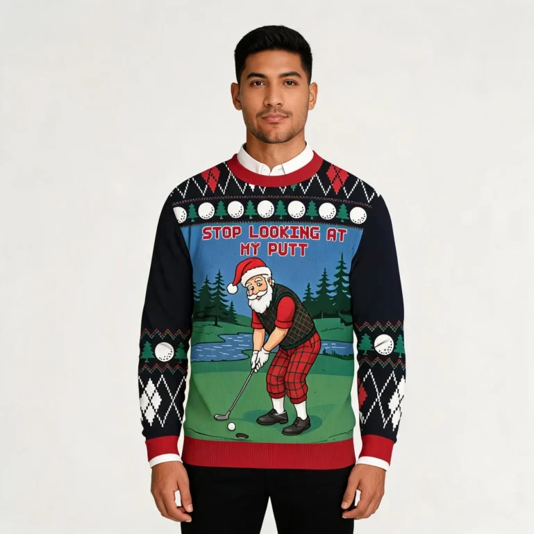 Stop Looking At My Putt Santa Golfing Ugly Sweater Christmas Sport UGLY926