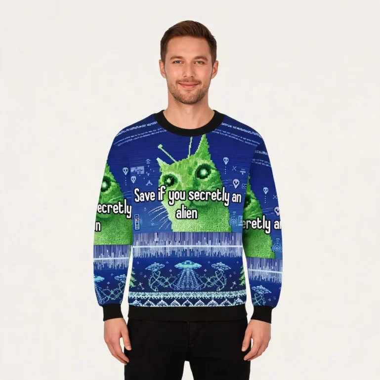Save If You Secretly An Alien Cat Meme Christmas Ugly Sweater Xmas UGLY926