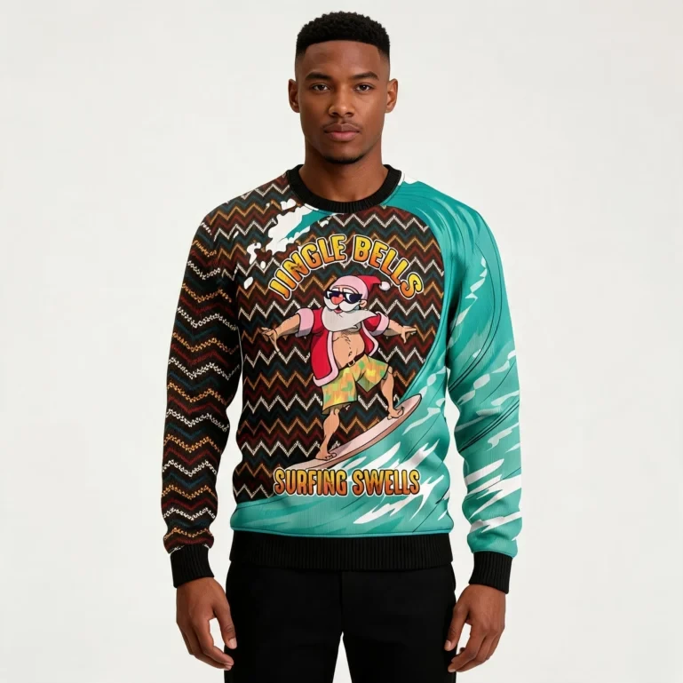 Santa Claus Jingle Bells Surfing Swells Ugly Christmas Sweater UGLY926