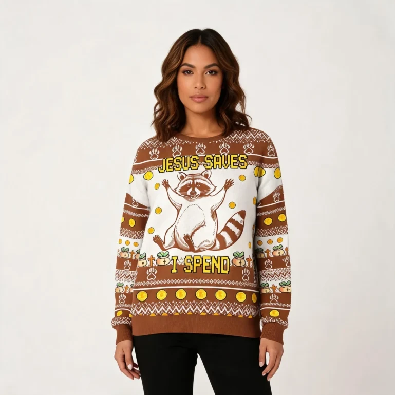 Raccoon Jesus Saves I Spend Ugly Christmas Sweater Xmas Wear Raccoon UGLY926