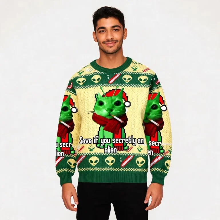 Save If You Secretly An Alien Smoing Cat Meme Christmas Ugly Sweater UGLY926