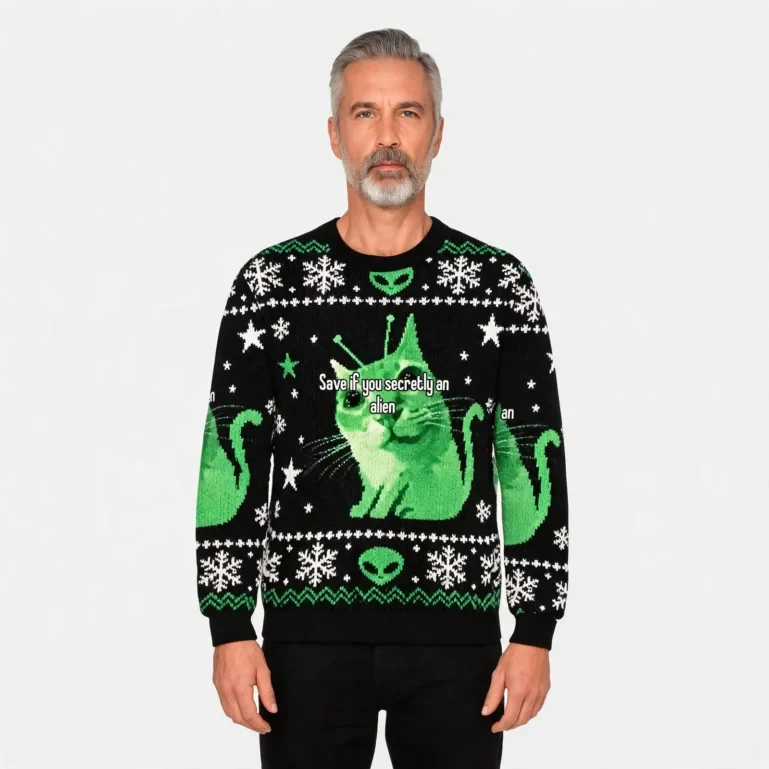Save If You Secretly An Alien Cat Meme Christmas Ugly Sweater Holiday UGLY926