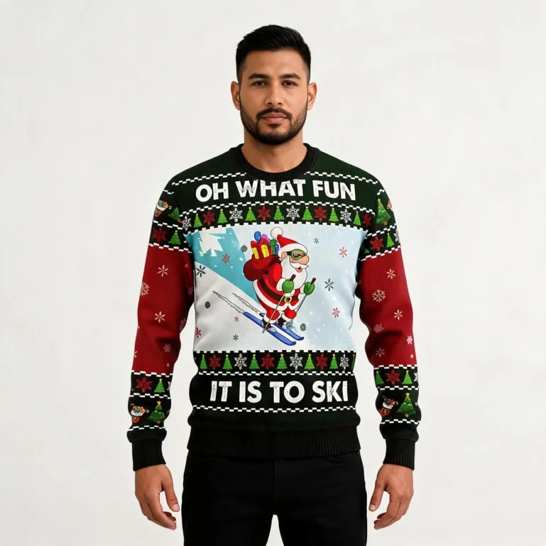 Santa Claus Skiing Christmas Ugly Sweater Holiday Apparel Cool Xmas UGLY926