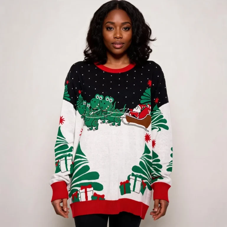 Santa On Sleigh T-Rex Ugly Christmas Sweater Ugly Christmas Jumper UGLY926