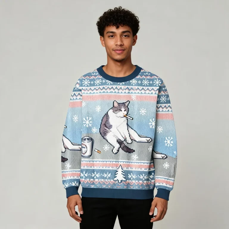 Smoking Cat Funny Meme Christmas Ugly Sweater Christmas Outfits Best UGLY926