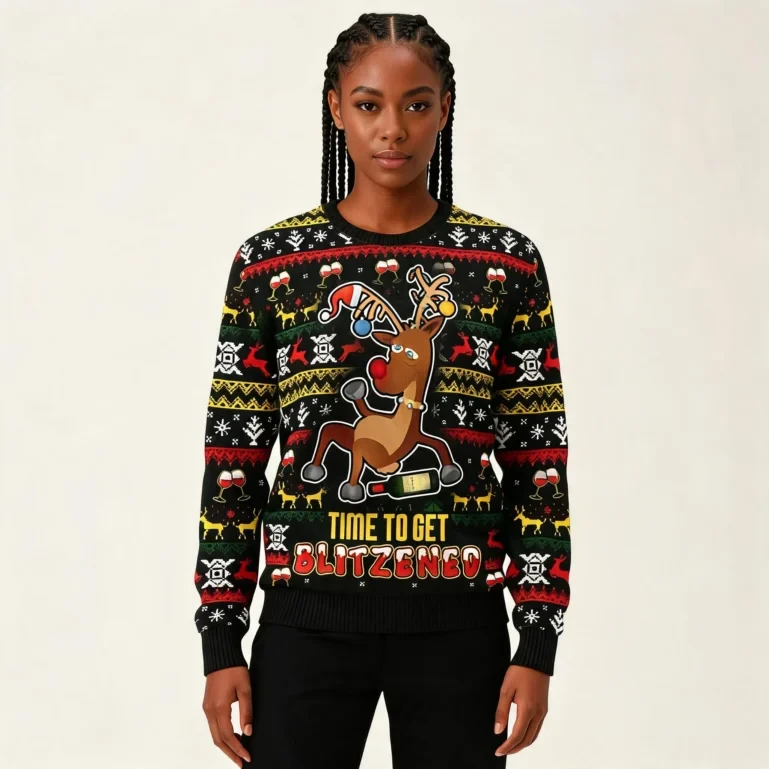 Reindeer Time To Get Blitzened Ugly Christmas Sweater Holiday Apparel UGLY926