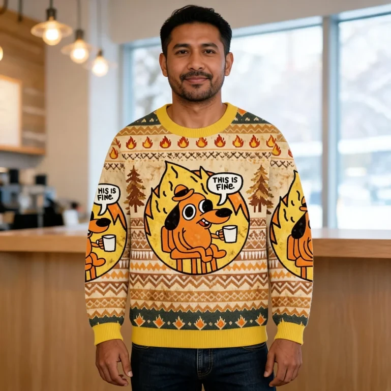 This Is Fine Dog On Fire Ugly Sweater Funny Animal Sweater Dog Lover UGLY926