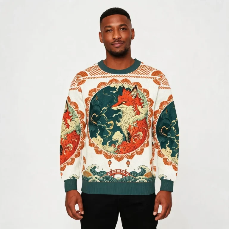 Ukiyo E Fox Ugly Christmas Sweater Japanese Art Christmas Apparel Fox UGLY926