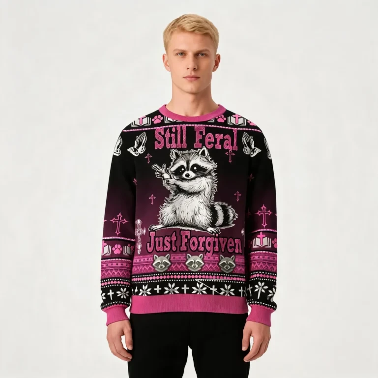 Raccoon Still Feral Just Forgiven Ugly Christmas Sweater Xmas Apparel UGLY926