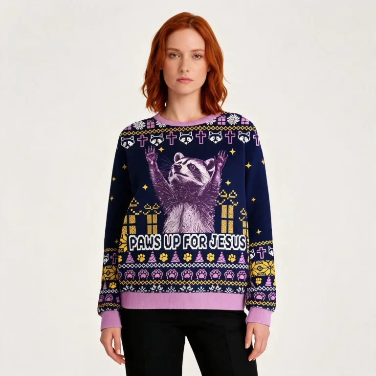 Raccoon Paws Up For Jesus Ugly Christmas Sweater Christmas Gift UGLY926