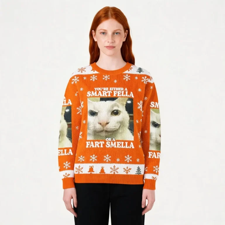 Smart Fella Or Fart Smella Cat Christmas Ugly Sweater Winter Clothing UGLY926