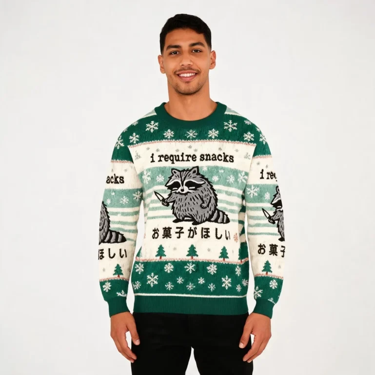 Raccoon I Require Snacks Christmas Ugly Sweater Winter Apparel UGLY926