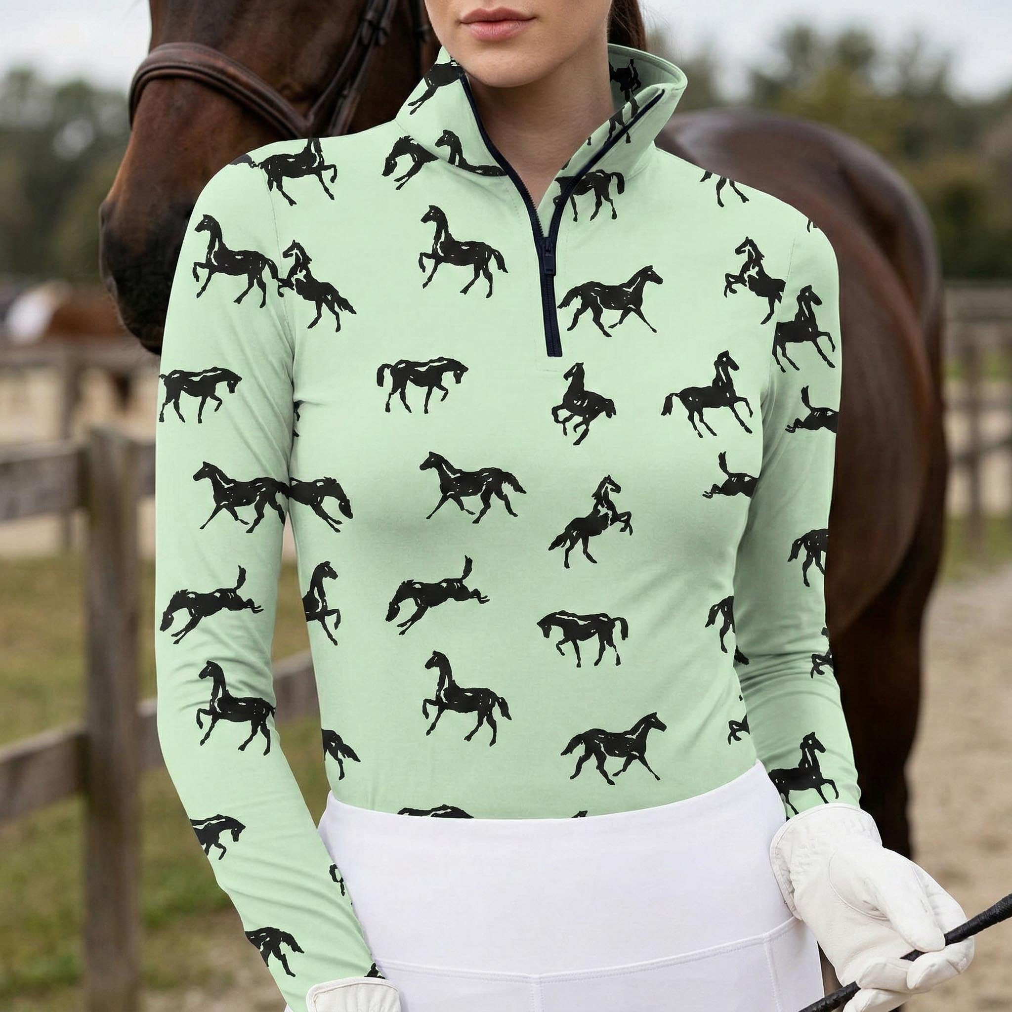 Galloping Horse Silhouette Art Print Long Sleeve Zip Top RIDING927