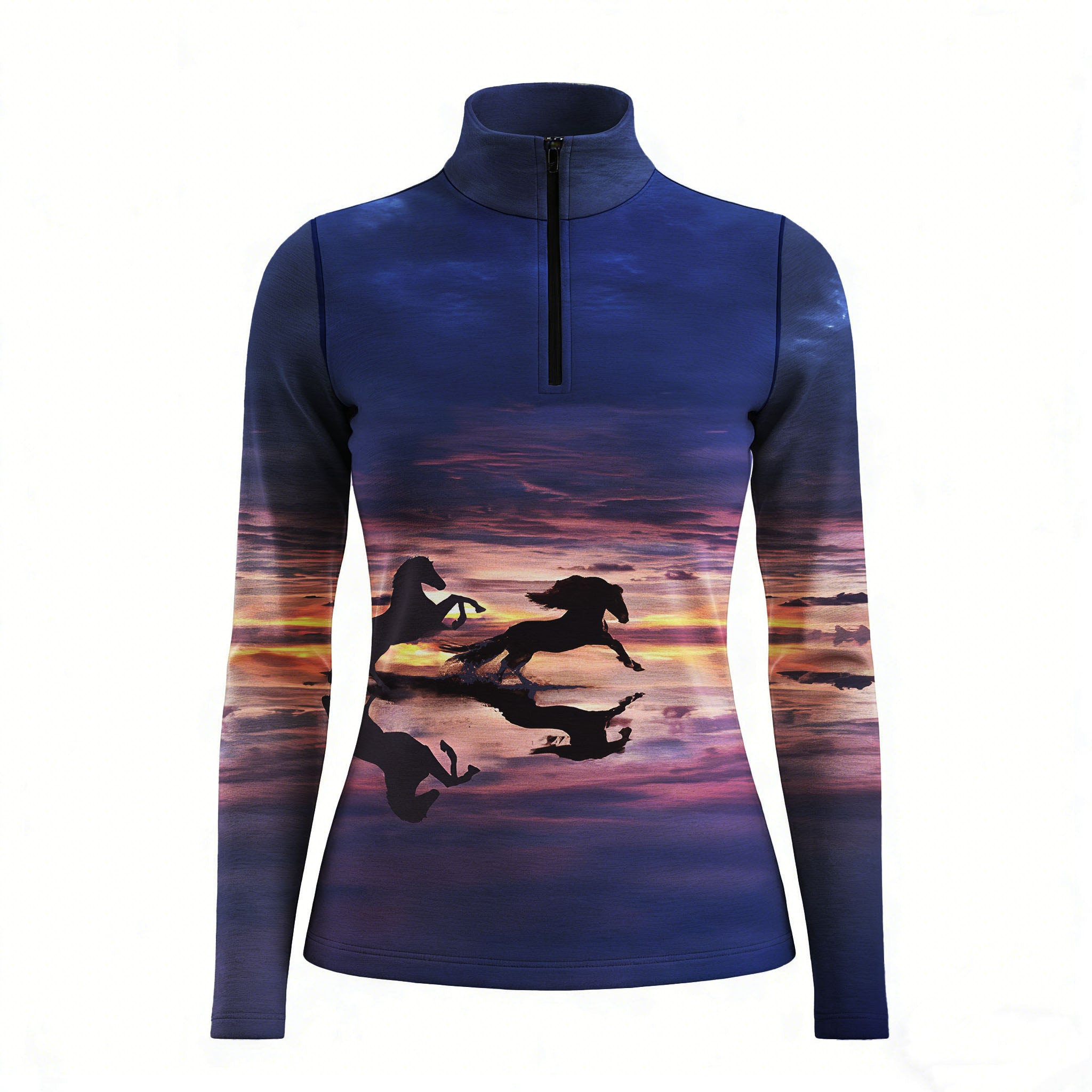 Sunset Horse Silhouette Equestrian Quarter-Zip Top | Navy Riding Shirt RIDING927
