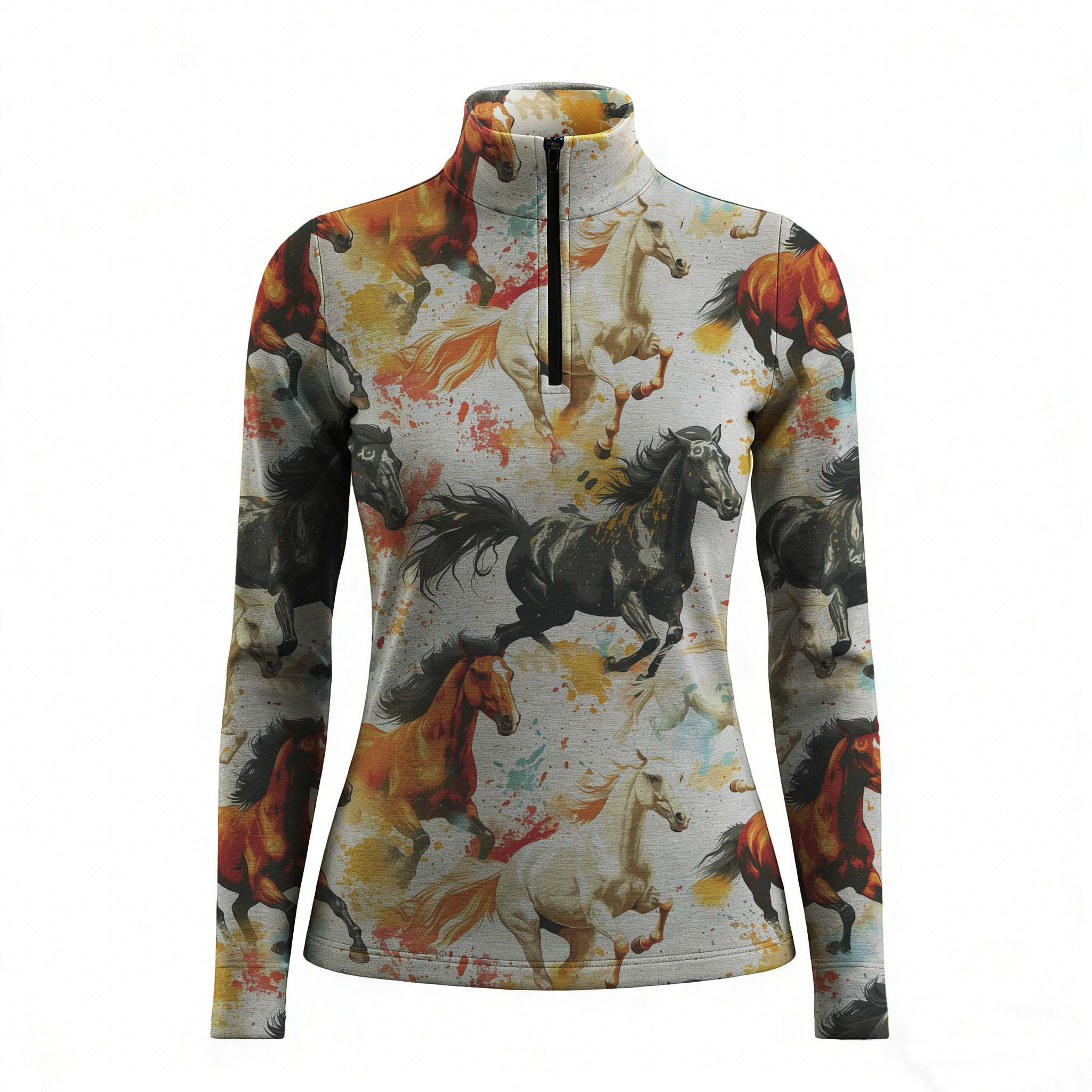 Watercolor Galloping Herd Horse Equestrian Quarter-Zip Top RIDING927