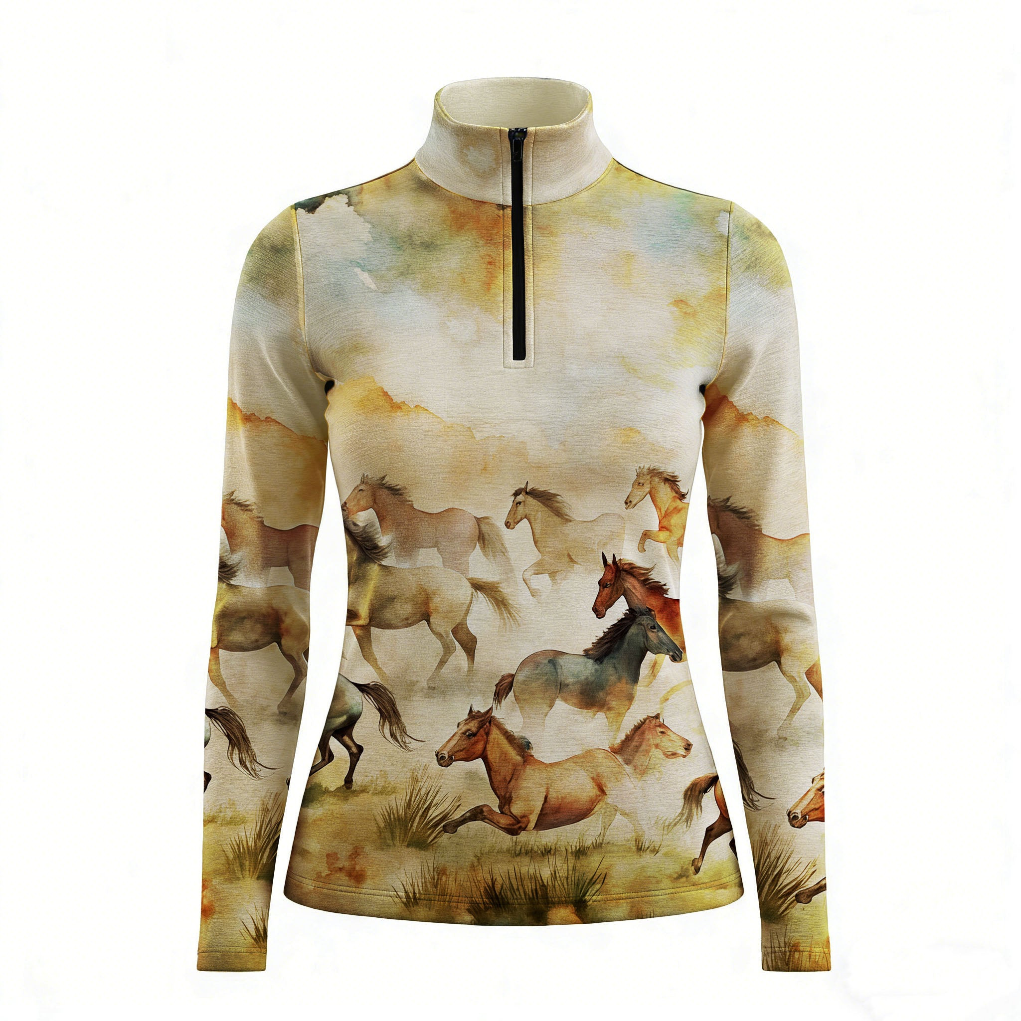 Watercolor Wild Horses Equestrian Quarter-Zip Top | Tan Riding Shirt RIDING927