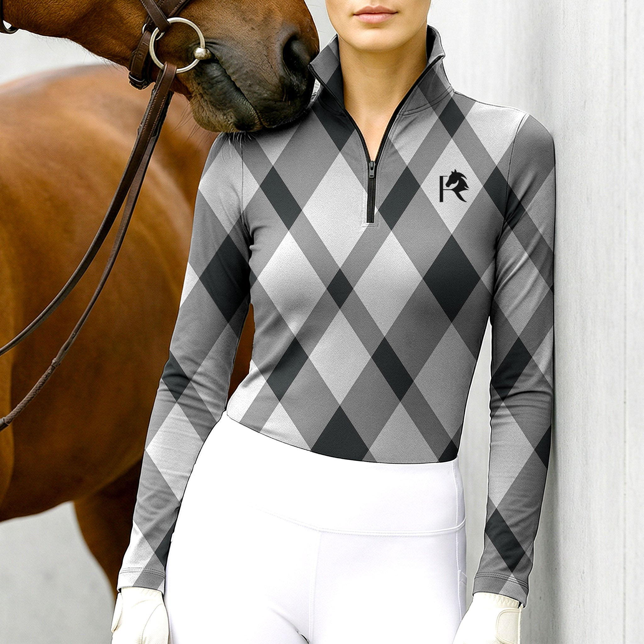 Gray Argyle Equestrian Quarter-Zip Top | Monochrome Plaid Riding Shirt RIDING927